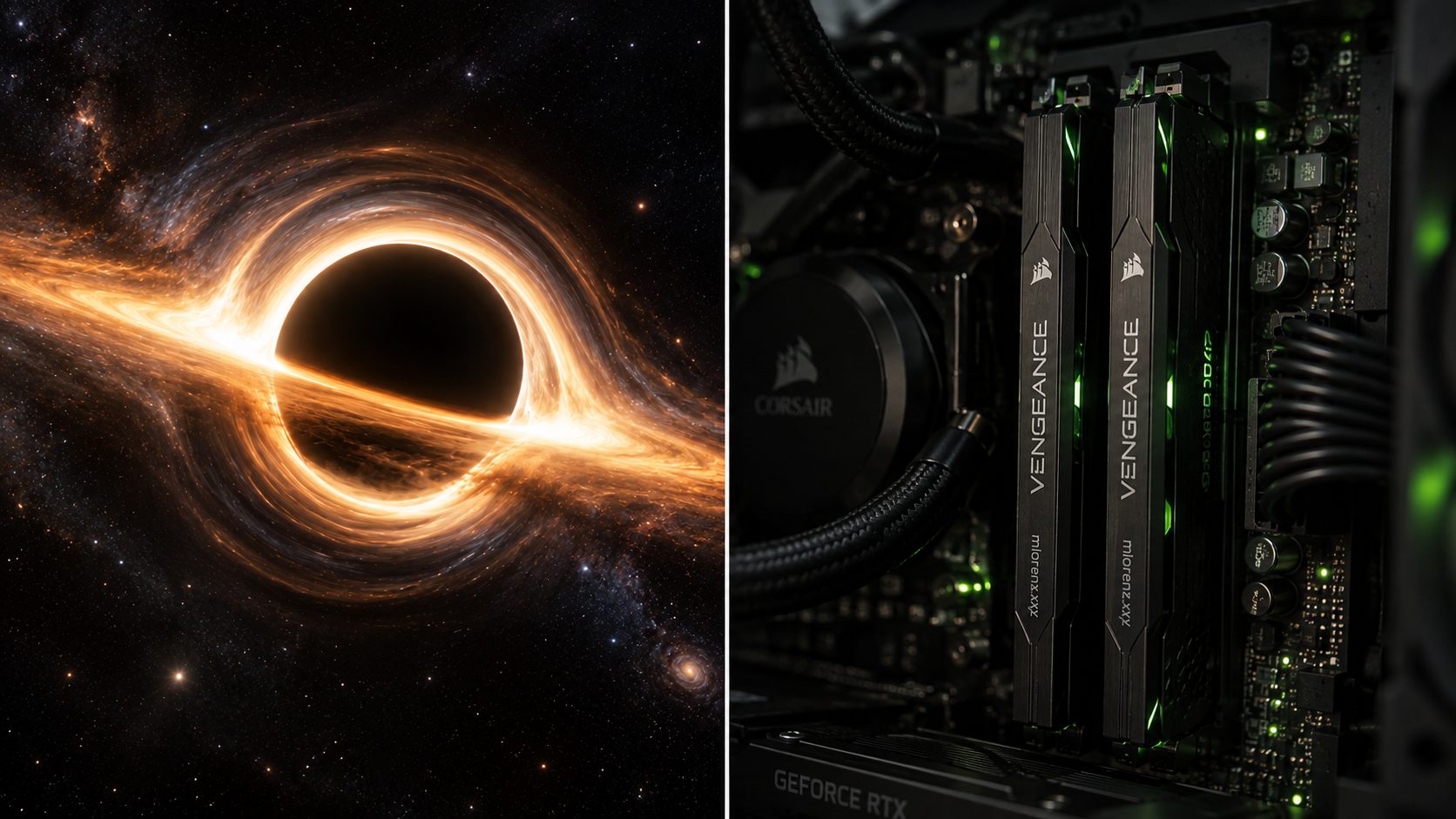 A black hole shredding glowing matter, beside memory modules inside a computer