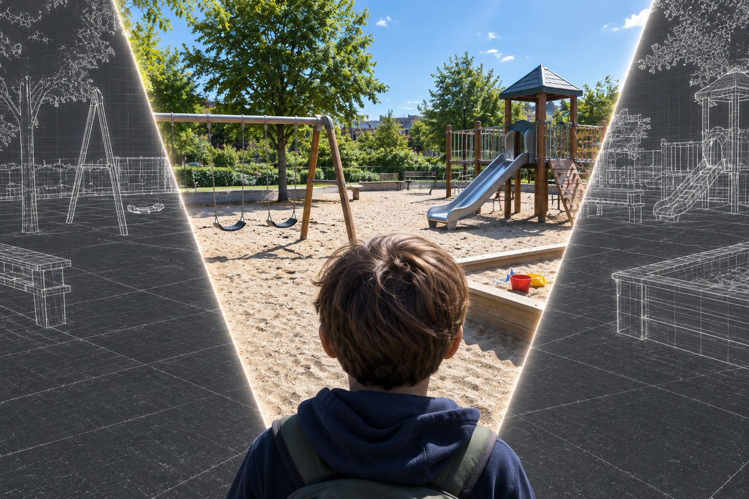 A child looking out at a sunlit playground, while everything outside their view is only a wireframe